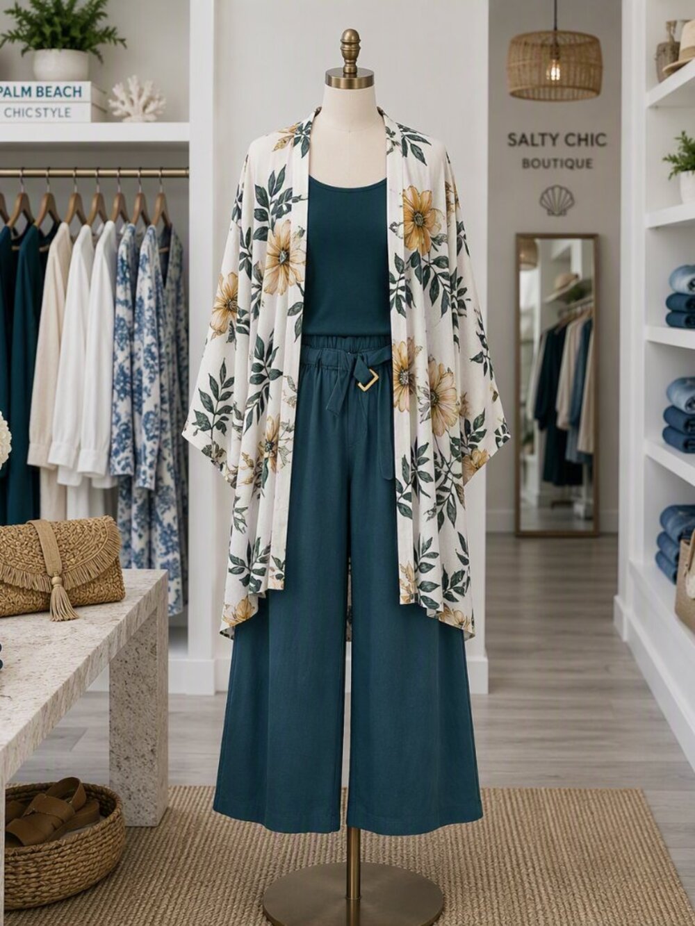 Floral Print Open-Front Wrap - White, Gold & Green